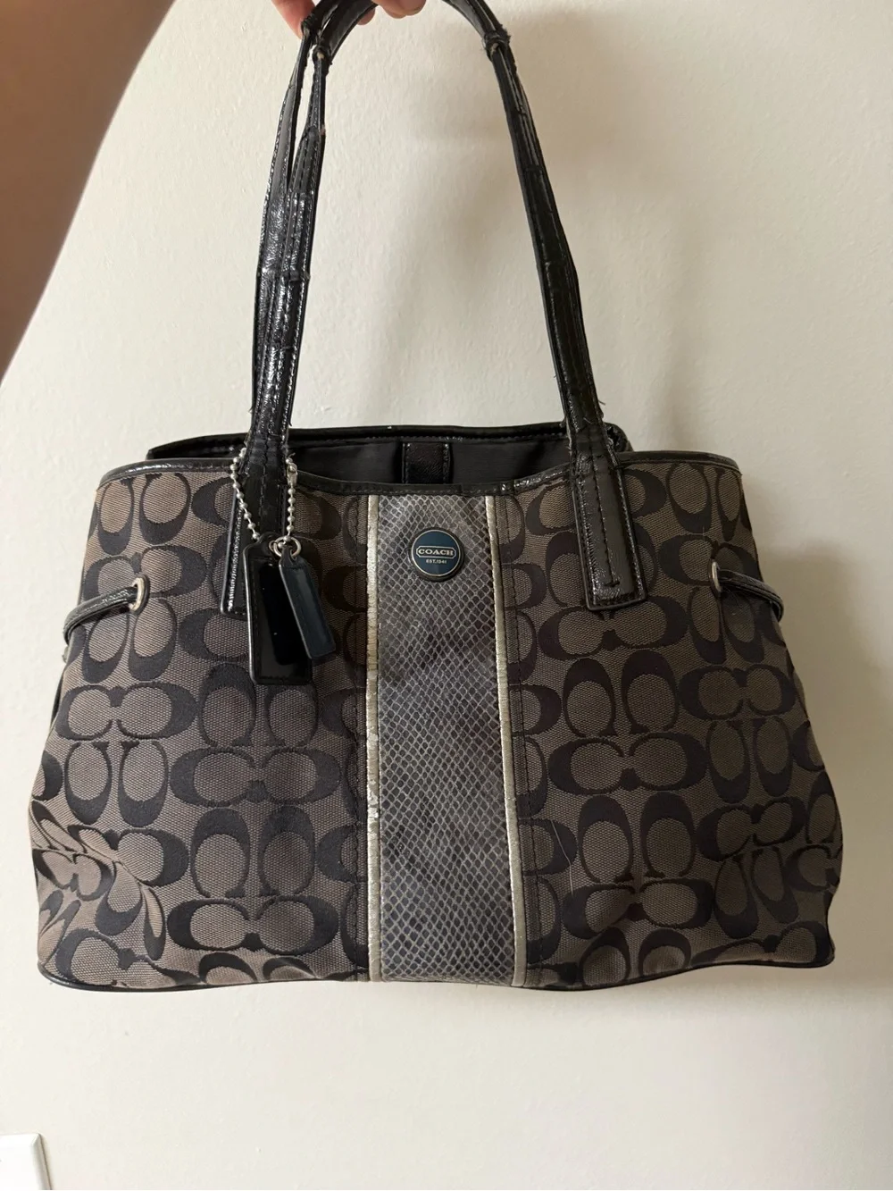 Coach Brown Signature Canvas Shoulder Bag with Black Trim